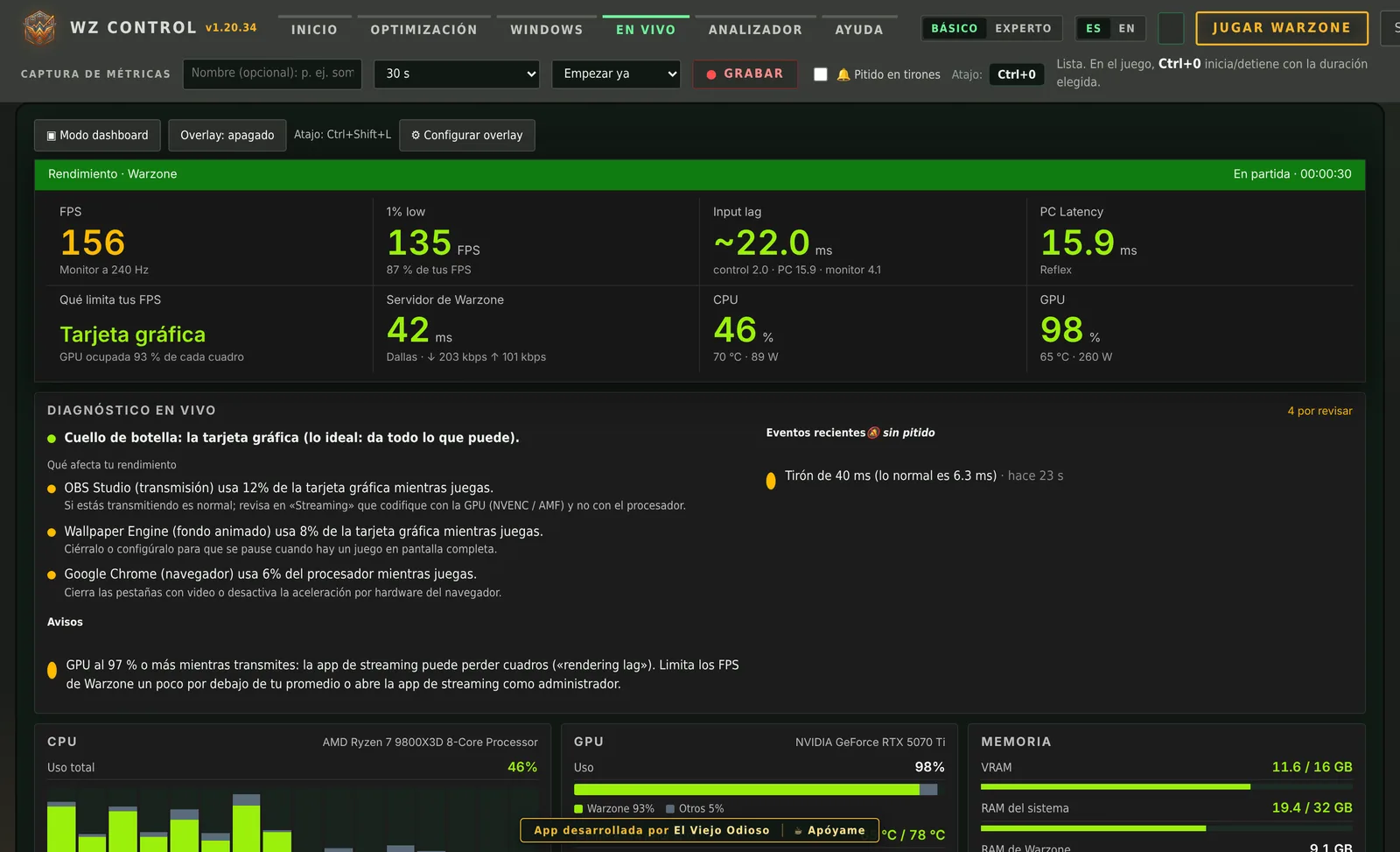 Pestaña En vivo de WZ Control con FPS, input lag y diagnóstico