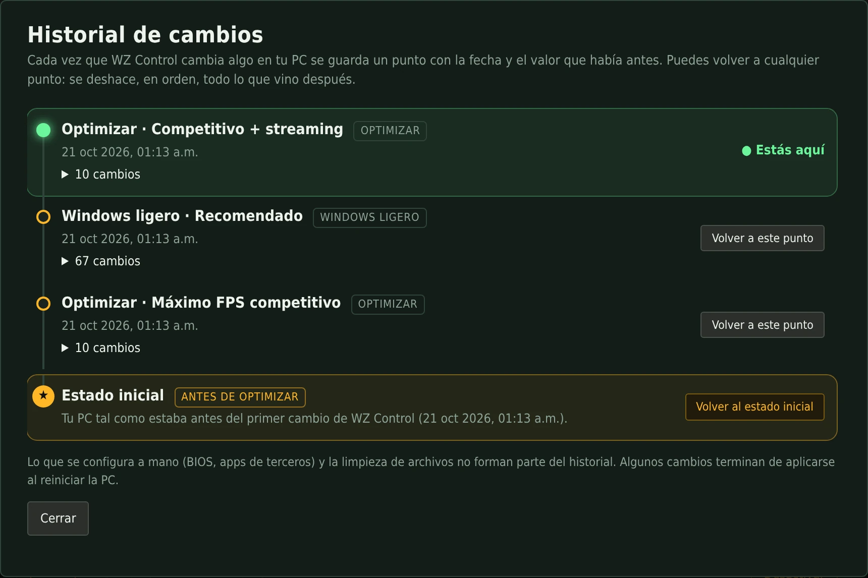 Historial de cambios con puntos de restauración