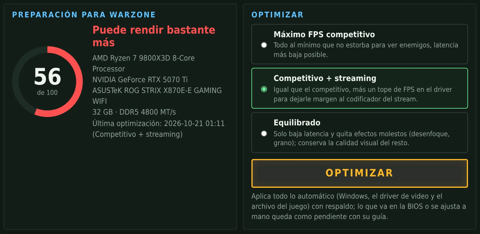 Una puntuación de 0 a 100 y un botón para optimizar
